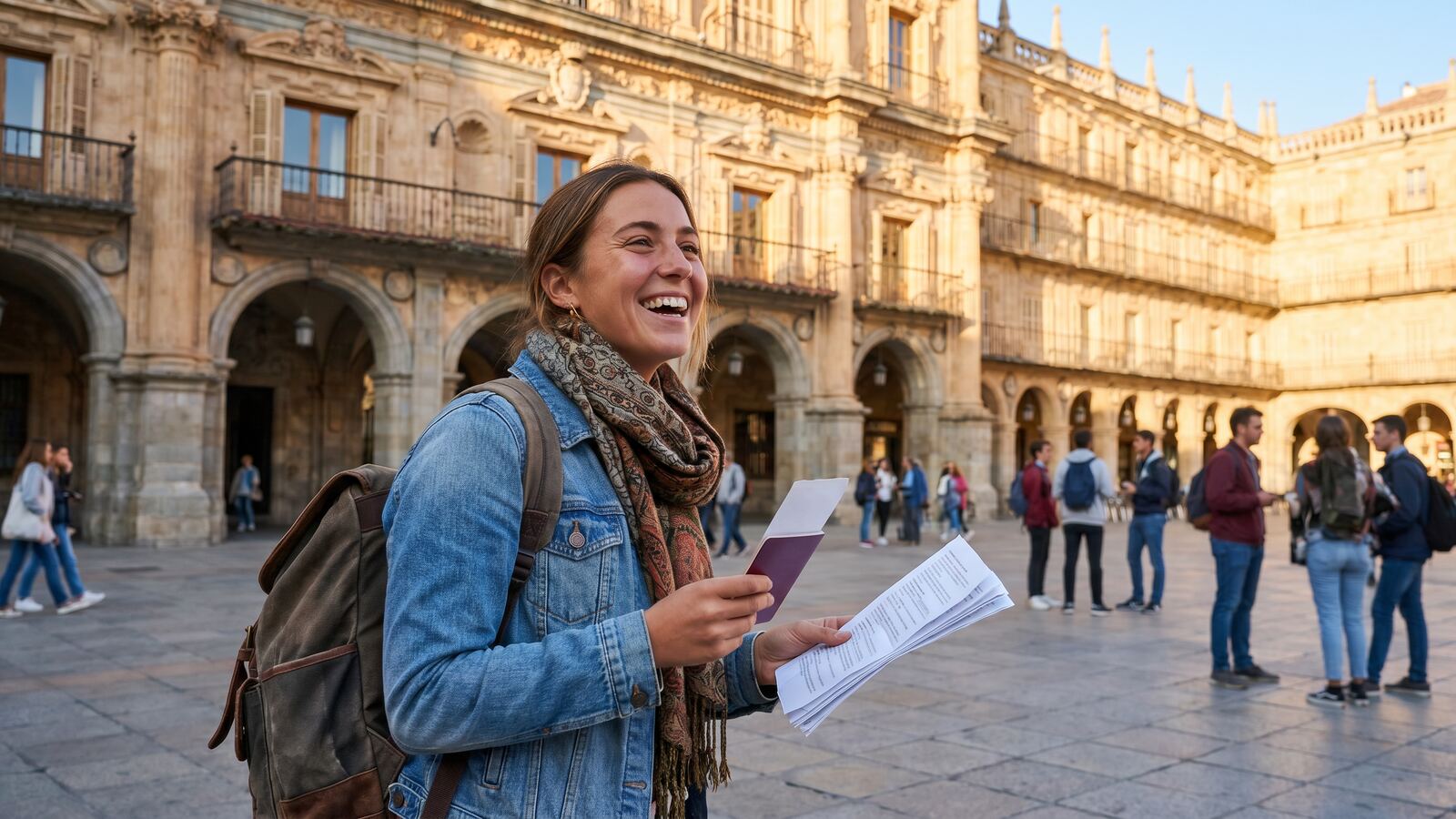 Estudiante internacional sonriente en un campus universitario español con ambiente académico moderno